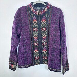 Icelandic Designs Purple Paisley Nordic Winter Knit Embroidered Jacket Women's L